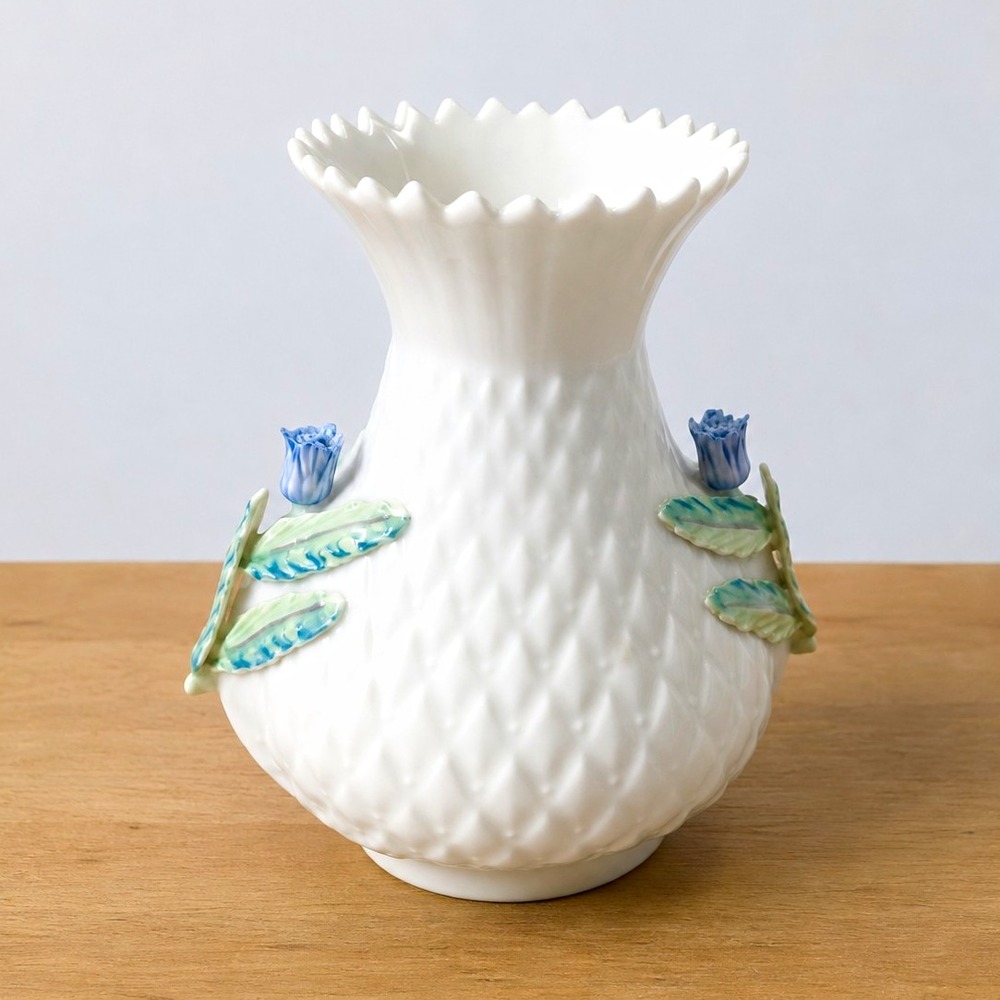 Vintage Belleek Ireland Floral Bud Vase White Textured Scalloped Rim